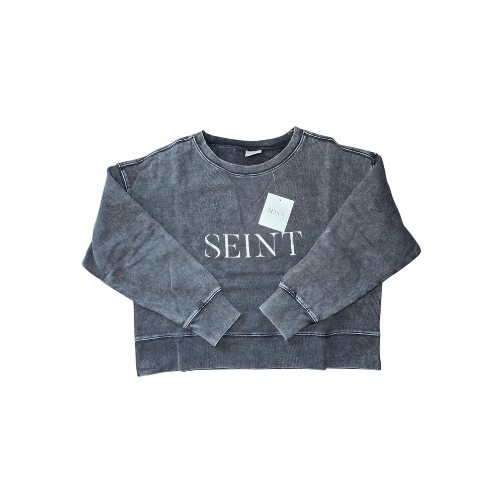 Seint Cropped Distressed Mineral Wash Crewneck Sweatshirt Dark Gray Large NWT
